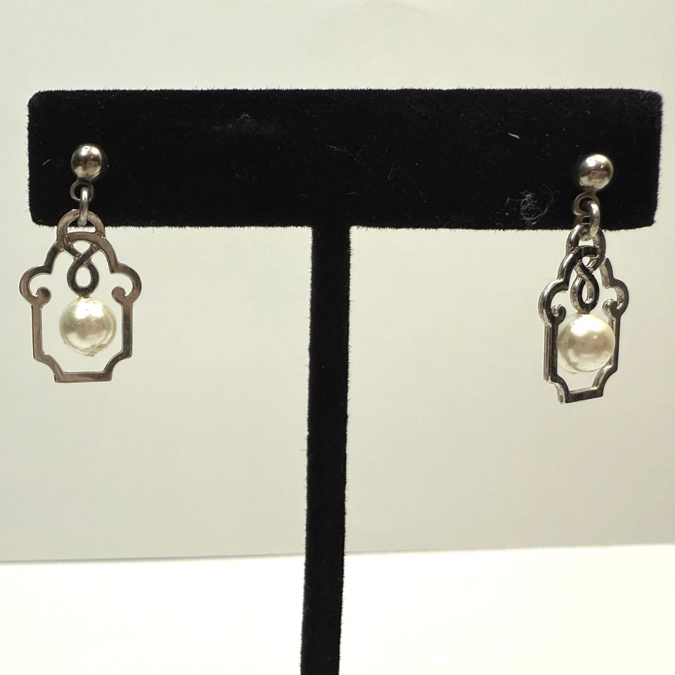 Faux Pearl Drop Earrings Dangle Silver Tone Elegant Minimalist Fashion Jewelry - Image 2 of 4