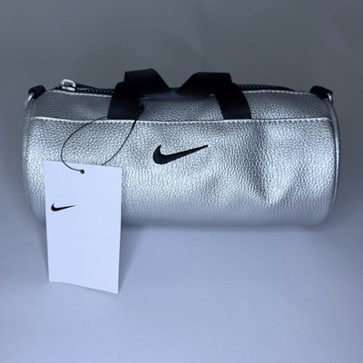 Nike Silver/Black Mini Barrel Crossbody Bag, Zip Closure, Adjustable Strap