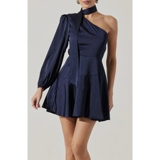 ASTR the Label Satin Scarf One Shoulder Midnight Navy Mini Dress Size Medium