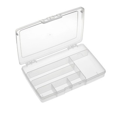 Transparente Kunststoffbox mit 7 Fächern, platzsparend, für Hobbyisten.