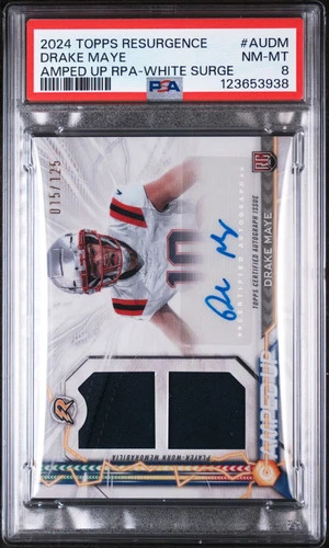 2024 Topps Resurgence Drake Maye Amped Rookie Patch Auto White Surge /125 PSA 8