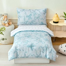 4 Pieces Light Blue Toddler Comforter Set for Girls, Reversible Blue Bow Prin...