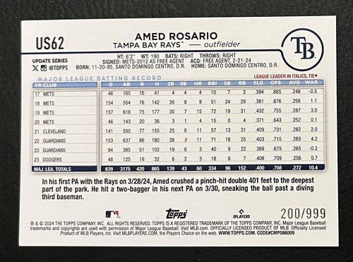 2024 Topps Update #US62 Amed Rosario Blue Holo Foilboard /999 (st2) - Picture 2 of 2