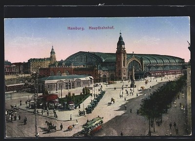 Hamburg-St. Georg, main station, tram, passers-by, postcard 