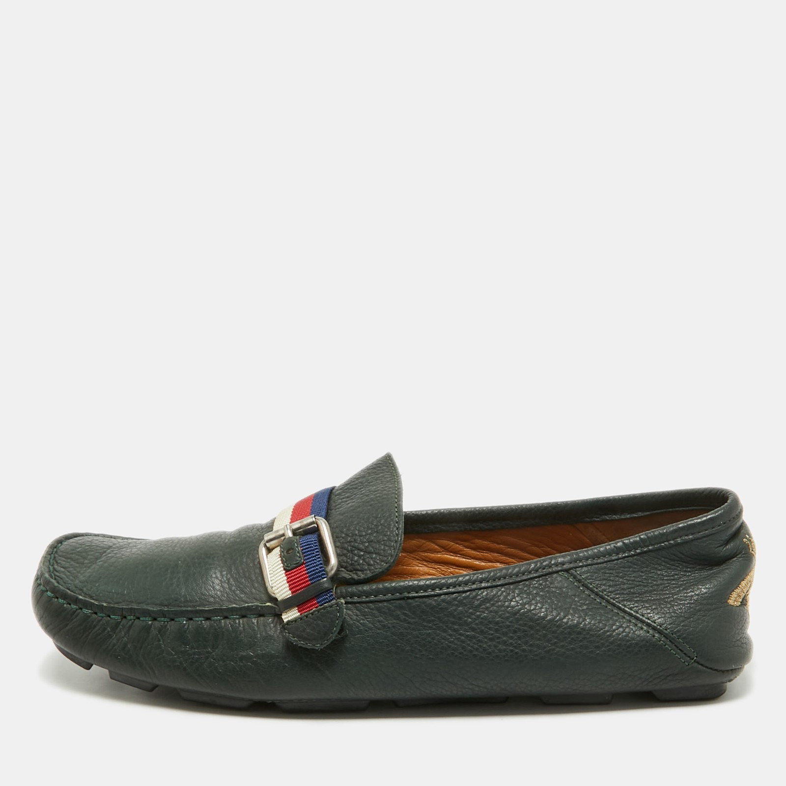 Gucci Green Leather Web Driver Loafers in Size 40