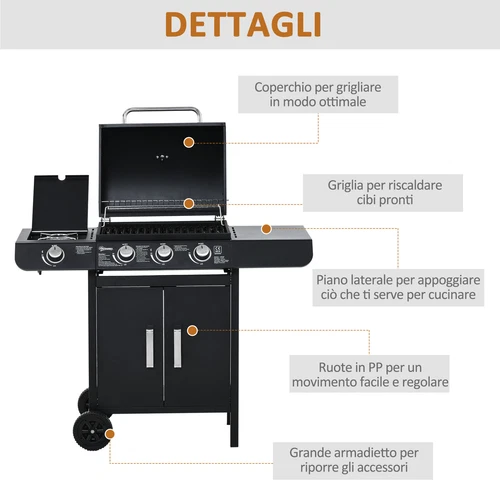Outsunny Barbecue a Gas con Coperchio e Termometro, Fornello Laterale e 2 Ruote - Foto 8 di 10