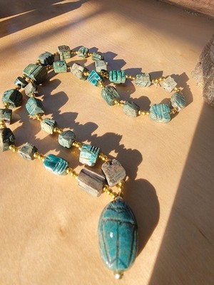 Vintage Scarab Beaded Necklace Faience Blue Glazed Ceramic Egyptian Revival 28''