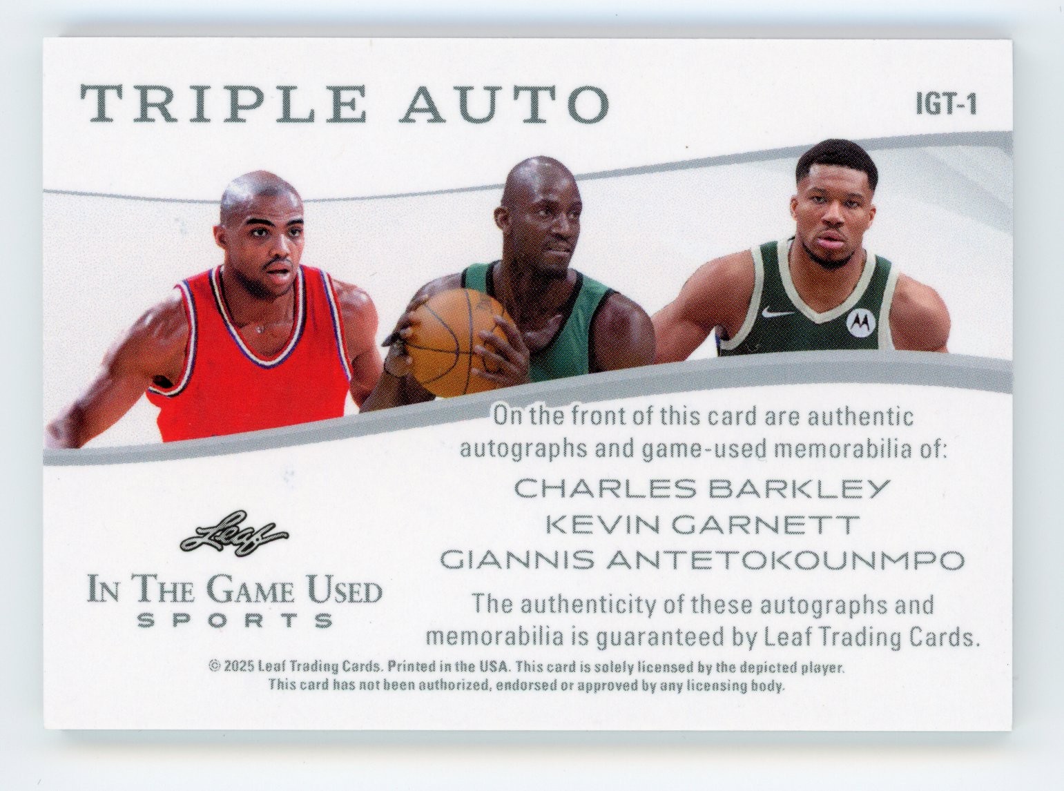 2025 LEAF GIANNIS BARKLEY KEVIN GARNETT TRIPLE PATCH AUTO /5 GAME USED #IGT-1 view 2