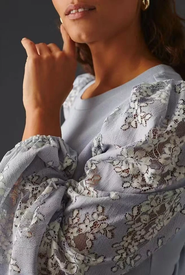 NWOT Anthropologie DOLAN Lace Puff-Sleeve Top Blue Size L Long sleeve - Image 2 of 4