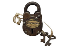 Small Antique Style Rustic Cast Iron Winchester Gate Lock Padlock w/ 2 Keys