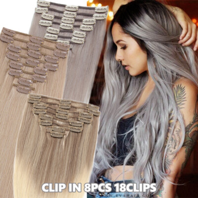 Clip In Real Remy Human Hair Extensions 7/8Piece Grey Full Head Straight  Long - Main Image