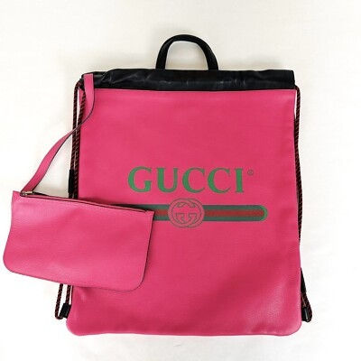 New Gucci Hot Pink Leather Trademark Logo Large Drawstring Bag