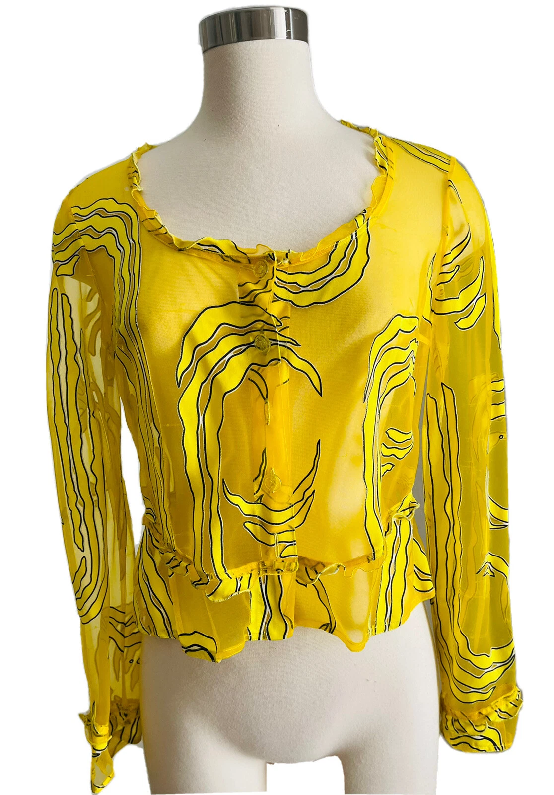 Versace — Vintage Gianni Versace Yellow Cardigan Sheer Panel Shirt Sz 42 1990’s