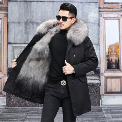 Winter Mens Hooded Real Fox Fur Collar Lined Detachable Parka Mid Long Overcoats