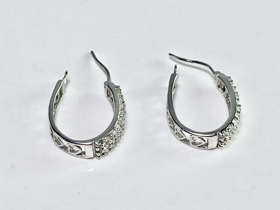 10k White Gold Natural Round Diamond Cluster Set Heart Half Hoop Earrings - Image 3 of 4