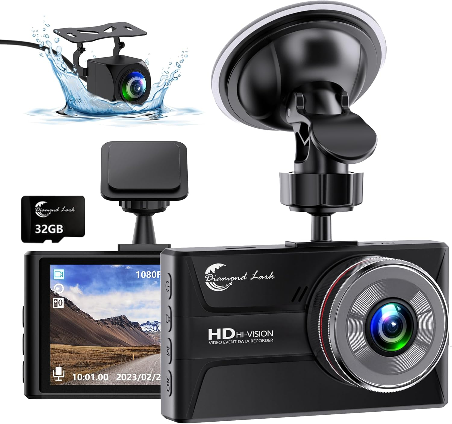 1080P Dual Dash Cam Front and Rear with 3” Screen and 32GB SD Card