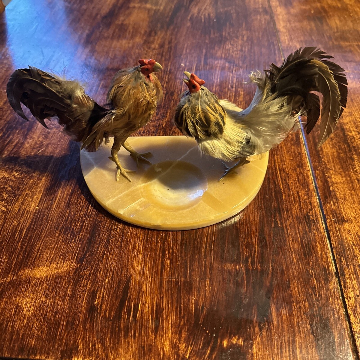 Vintage Rooster's Fighting, Real Feathers, Pipe Holder Ashtray