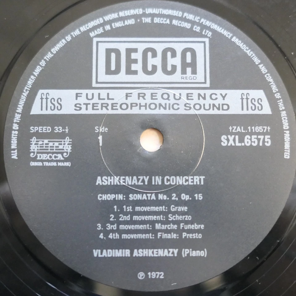 SXL 6575 Ashkenazy In Concert Chopin Sonata no. 2 etc Decca Stereo NEAR MINT - Image 2 of 4