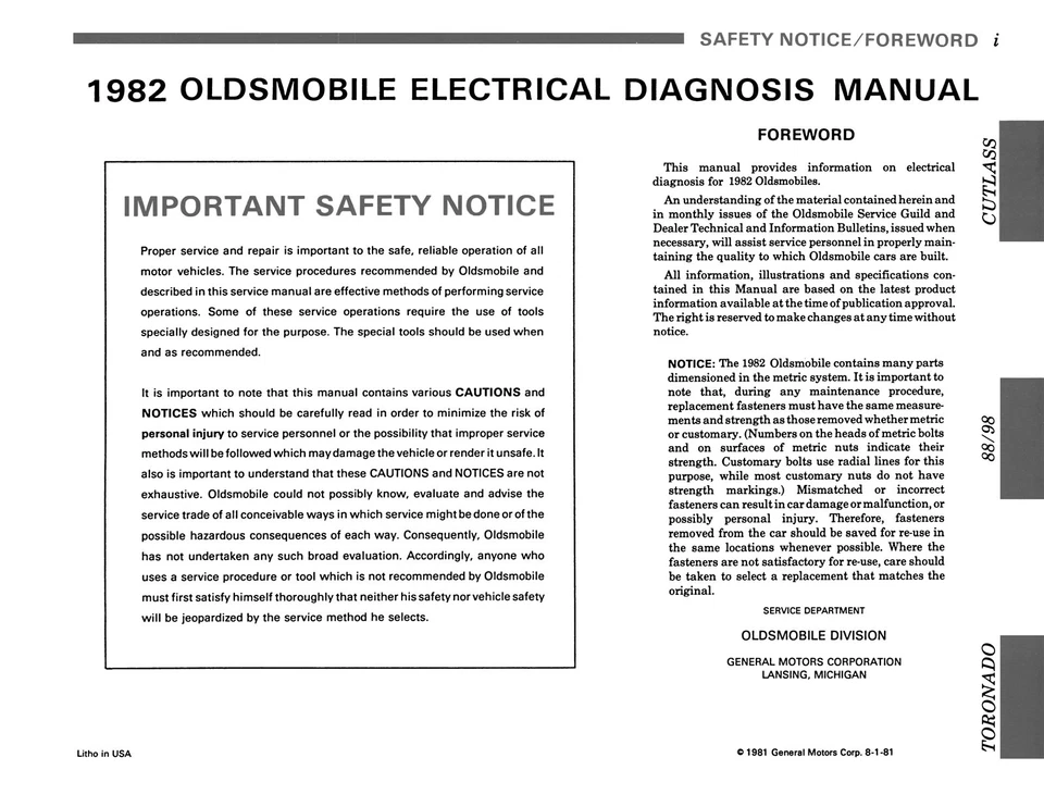 Oldsmobile 1982 manual de solución de problemas eléctricos - Cutlass Delta 88 98 Toronado Foto 2 de 3