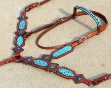 Western Saddle Horse Turquoise Filigree Leather Tack Set Bridle  Breast Collar