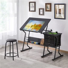 Drafting Desk for Artists Art Drawing Table w/Stool for Working Studying, Black
