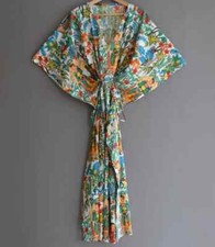 Indian 100% Cotton Long Kaftan Dress White Color Kimono Sleepwear Caftan Maxi
