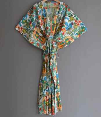 Indian 100% Cotton Long Kaftan Dress White Color Kimono Sleepwear Caftan Maxi