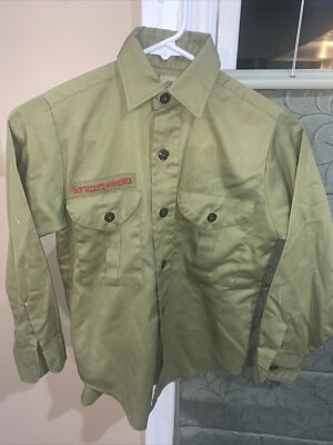 Vintage Olive Green BSA Boy Scout uniform shirt Long Sleeve  V12