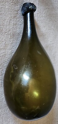 Antique Black Glass Belgian Spa Water Bottle Circa 1730 Blue Gall Cog Rim