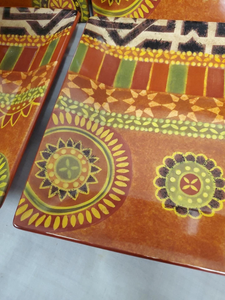 Rio (4) Tabletops Gallery Square Dinner Plates 10" Orange Green Rust - Image 4 of 4
