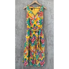 Talbots Dress 6 Yellow Tropical Floral Pineapple Swiss Dot Sleeveless Midi