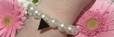 Handmade Large Pearl Beaded Elastic Bracelet With Black Triangle Charm