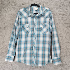 Wrangler Shirt Mens Medium Wrancher Blue Plaid Long Sleeve Pearl Snap Western