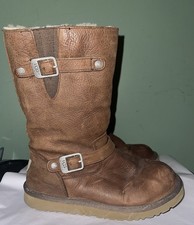 UGG Kensington Buckle Boots Girls Youth 4 Brown Leather Shearling Sheepskin Warm