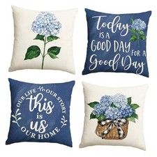 Hydrangea Spring Summer Throw Pillow Covers, 18 x 18" x 18" Pack of 4 Blue