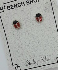 LADYBUG W/RED BLACK CRYSTALS STERLING SILVER STUD EARRINGS 1/4" ADORABLE NEW