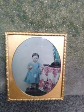 Rare  old antique ambrotype tinted photo young girl  holding a orange on stool