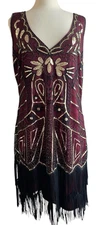Babeyond Flapper Dress 3XL Burgundy Black Gold Sequin Fringe 1920s Gatsby NEW
