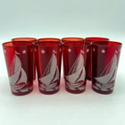 Vintage Hazel-Atlas Depression Red Sailboat Drinking Glass Tumblers (Set of 8)