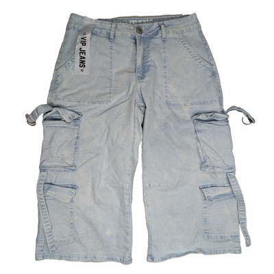 NWT VIP Jeans Shorts Blue Light Wash Size 7/28 Dual Cargo Straps Wide Leg