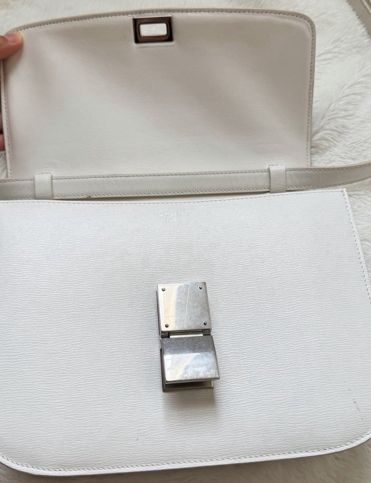 CELINE White Classic Shoulder Bag Silver Buckle Solid Medium w/ Auth Cert — image 5