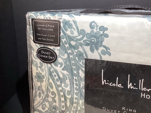 Neu Nicole Miller 3-teiliges blaues Muster 100 % Baumwolle Bettwäscheset King/Groß 300 Stück mit 2 Kissen - Bild 3 von 5