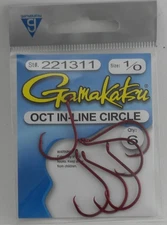 Gamakatsu 221311 1/0 6Ct Red Octopus In Line Point Circle Hooks