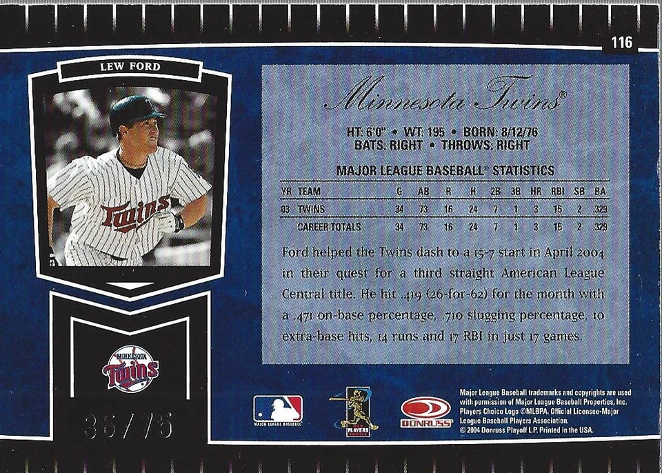 2004 Leaf Certified Cuts Marble Signature Blue #116 Lew Ford Auto /75 - BB - Image 2 of 2