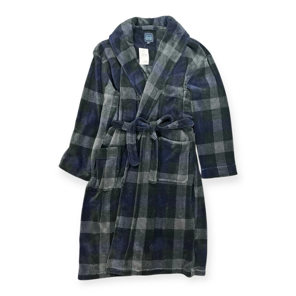 Bata de vellón de felpa a cuadros azul carbón Majestic International para hombre grande a XL Foto 2 de 4