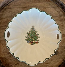 Rare Vintage Cuthbertson Christmas Tree 2 Handled Chip Dish England