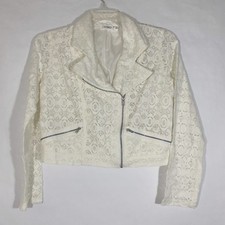 Cato Ivory Lace Assymetrical Zip Front Crop Jacket Womens Lined Pockets Size M