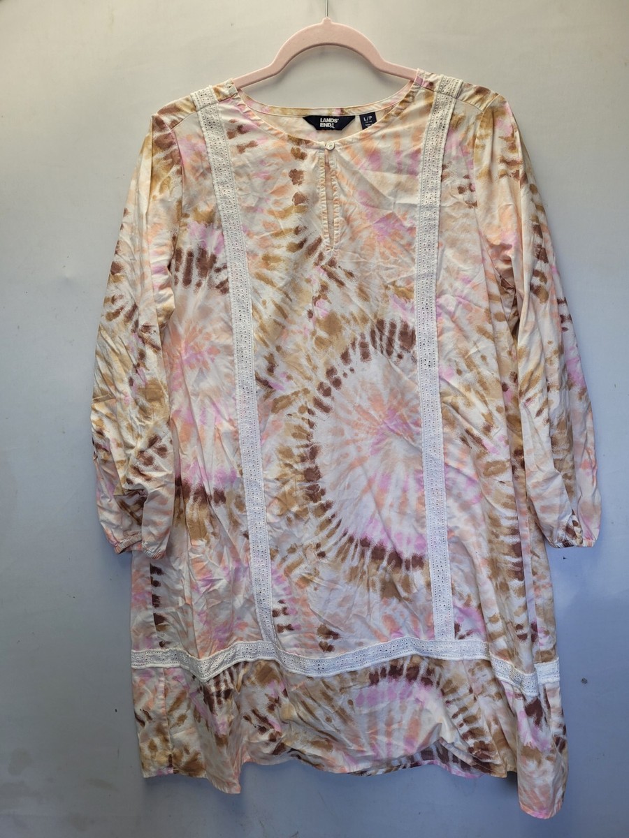 Lands End Womens Large Petite Tie Dye Dress Lace Pink Brown White Bloused  1291