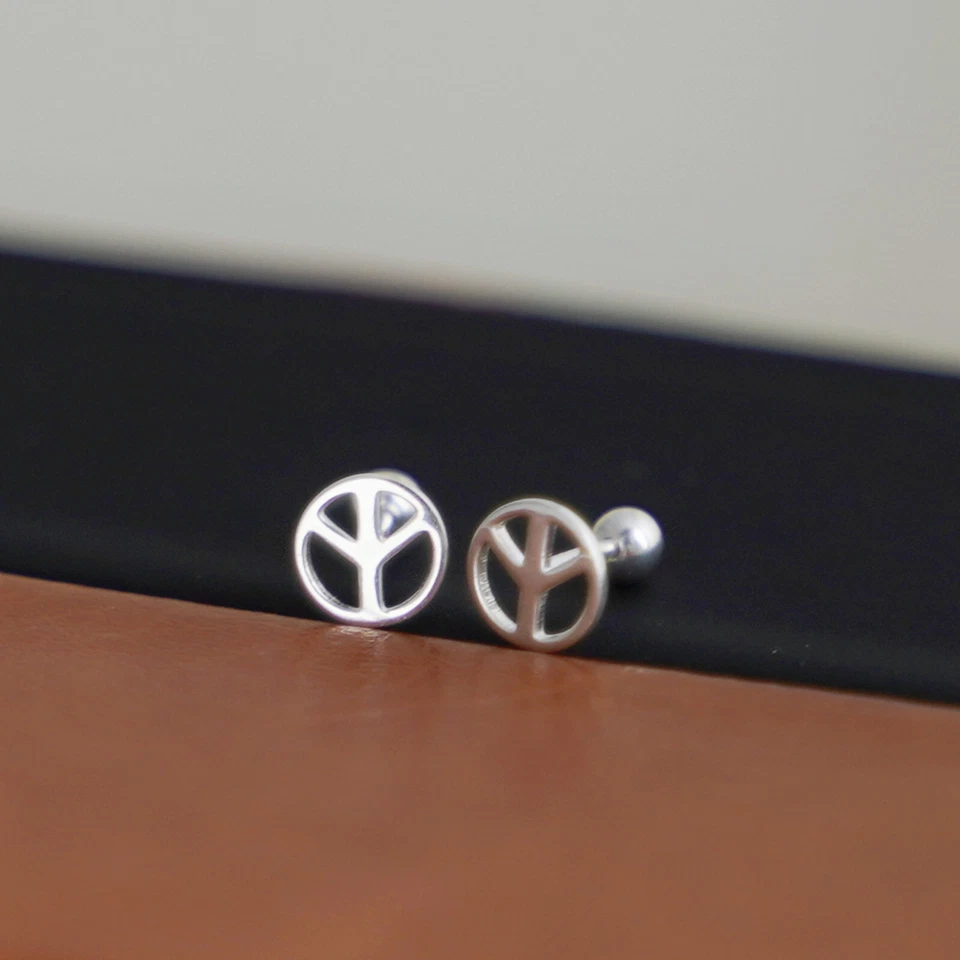 999 Fine Silver 6mm Peace Symbol CND Sign Barbell Bead Ball Screw Back Earrings - Image 3 of 4