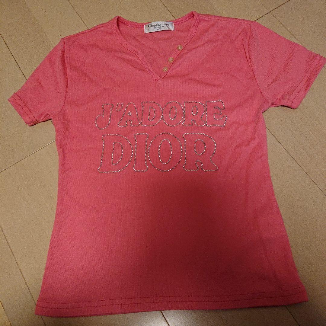 Christian Dior BOUTIQUE Logo Rhinestone T-Shirt Tops Women Pink